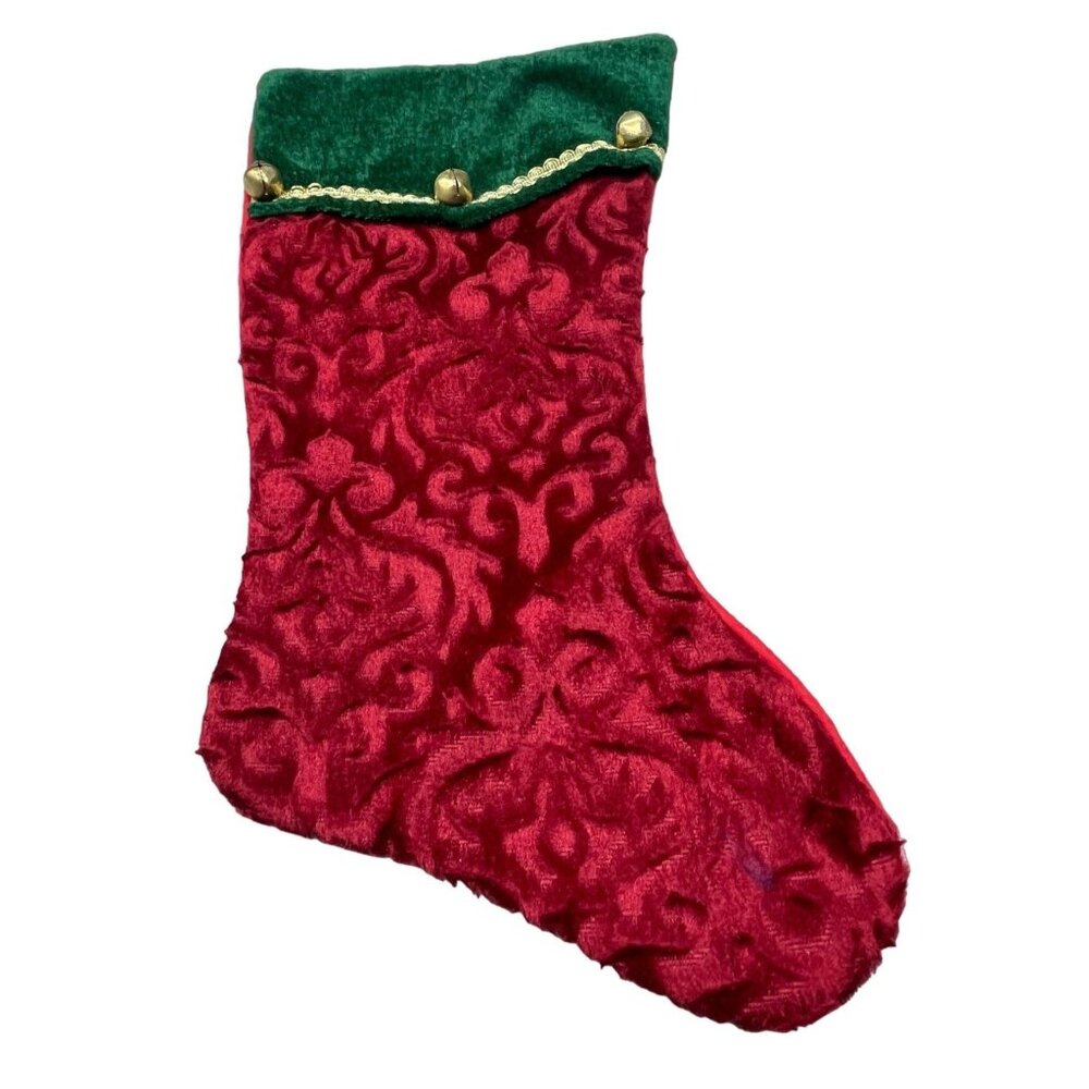 Christmas stocking red green bell felt gold ribbon decor 16" READ